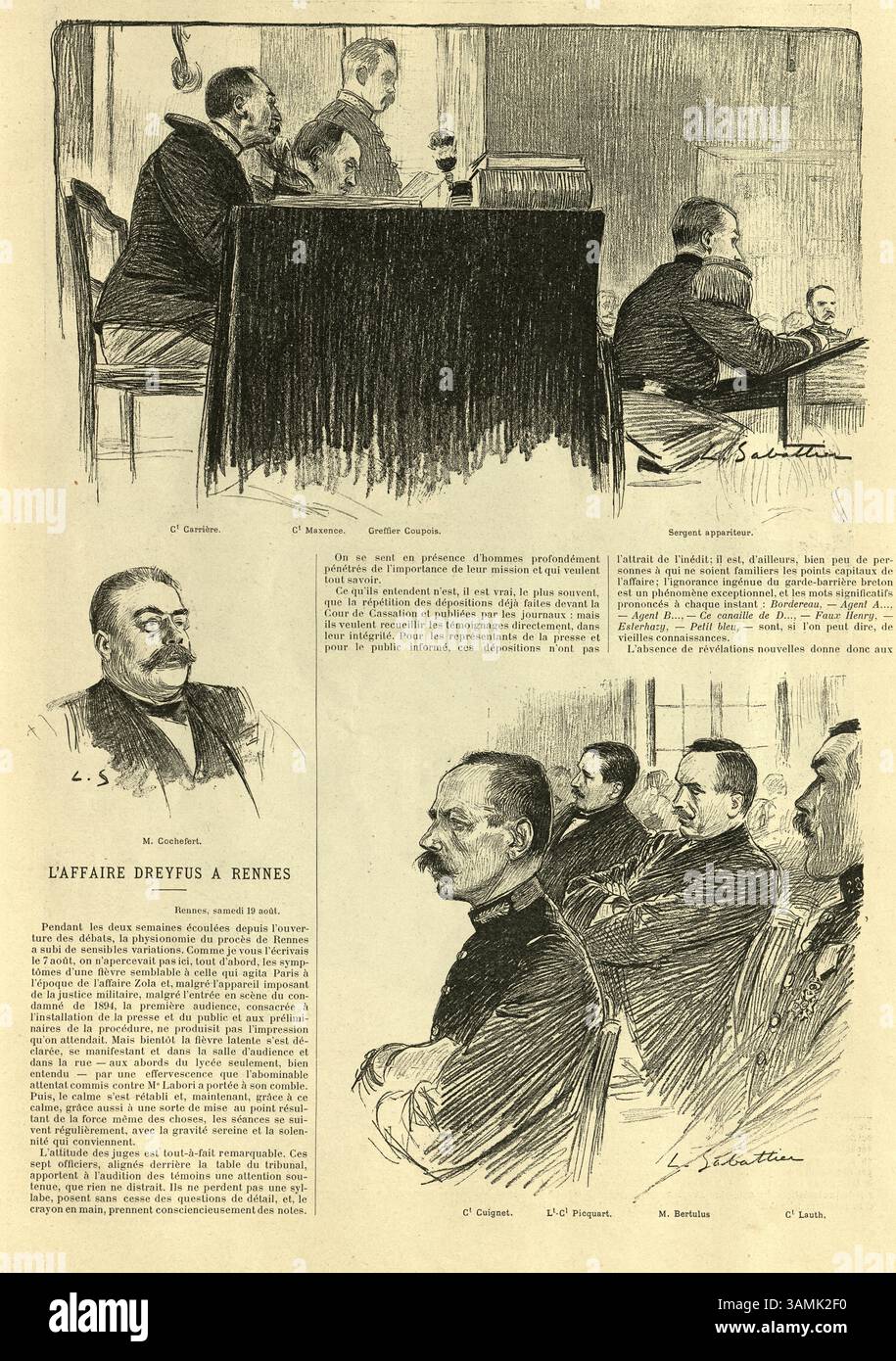 L'affare Dreyfus, sketch della sala di Corte durante il processo a Rennes 1899, l'affare Dreyfus fu uno scandalo politico che divise la terza Repubblica francese dal 1894 fino alla sua risoluzione nel 1906. Foto Stock