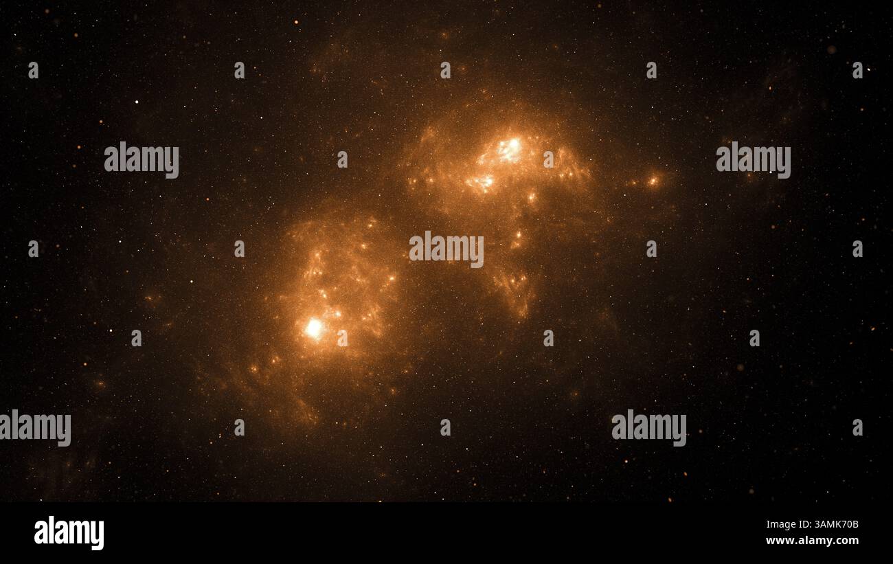 Due galassie luminose risplendono brillantemente sullo sfondo scuro dello spazio, mostrando vibranti formazioni stellari e polvere cosmica in un cele mozzafiato Foto Stock