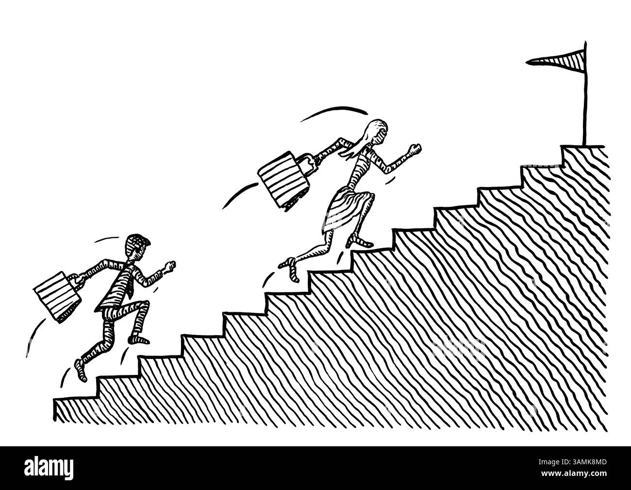 Disegno a penna a mano libera di una donna d'affari che corre al piano superiore verso un obiettivo seguito strettamente da un uomo. Metafora della parità di genere, battaglia del se Foto Stock
