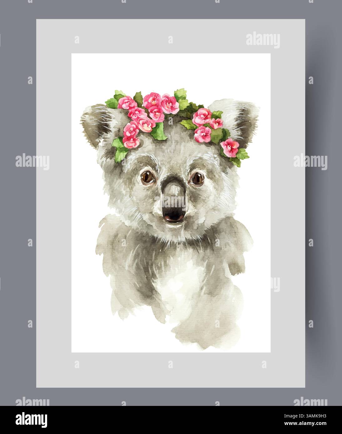 Koala di famiglia orsi marsupiali con corona di piccoli fiori in testa su stampa. Grafica acquerello Illustrazione Vettoriale
