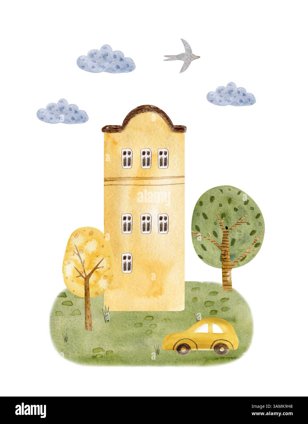 Affascinante acquerello dipinto a mano di una stravagante casa alta circondata da alberi lussureggianti, nuvole soffici e un'auto gialla. Perfetto per Foto Stock
