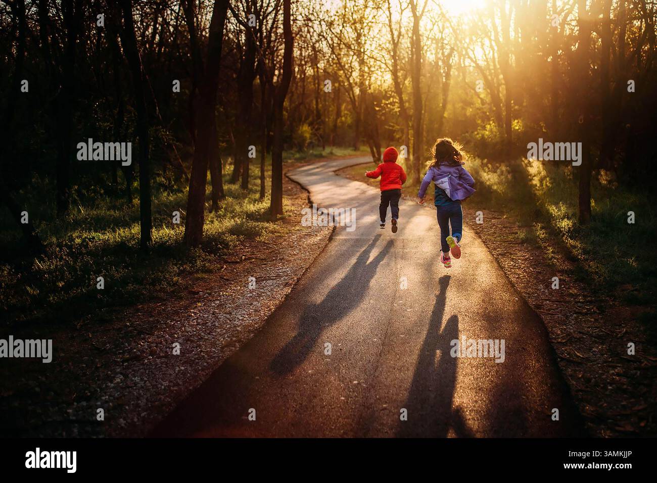 Due bambini che corrono sul sentiero nel bosco al tramonto Foto Stock