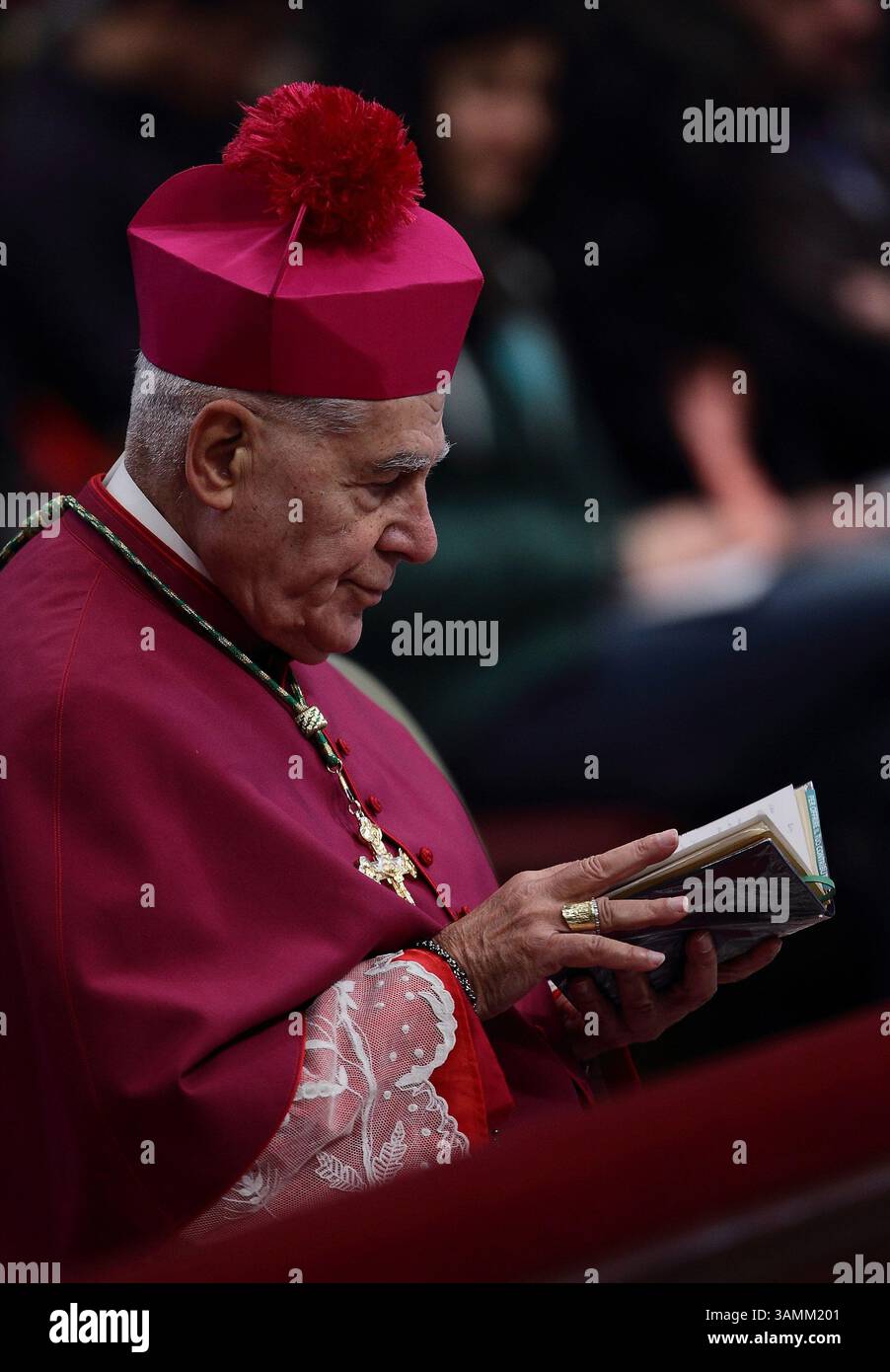 6 gennaio 2014 - Stato della città del Vaticano (Santa sede) - Un cardinale prega durante la celebrazione di Papa Francesco di una solenne messa per commemorare la Festa dell'Epifania, la venuta dei tre Magi che omaggiarono il bambino nato a Betlemme circa duemila anni fa nella Basilica di San Pietro in Vaticano. (Immagine di credito: © Evandro Inetti/ZUMAPRESS.com) Foto Stock