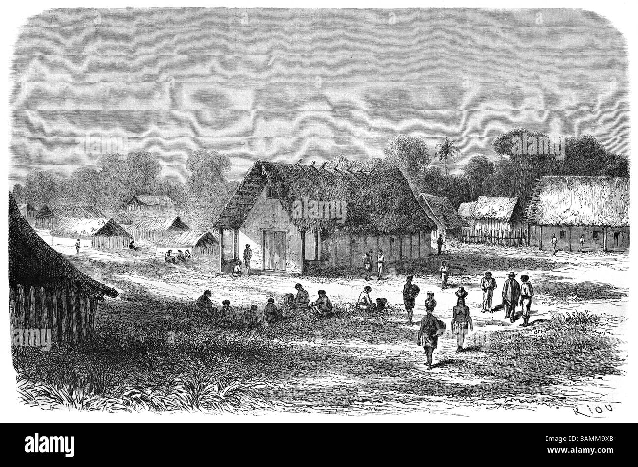 Vista antica di Nauta, fondata nel 1830, nell'Amazzonia peruviana, Perù, sulla riva nord del fiume Maranon, un affluente dell'Amazzonia superiore. Incisione vintage o storica o illustrazione 1866 Foto Stock