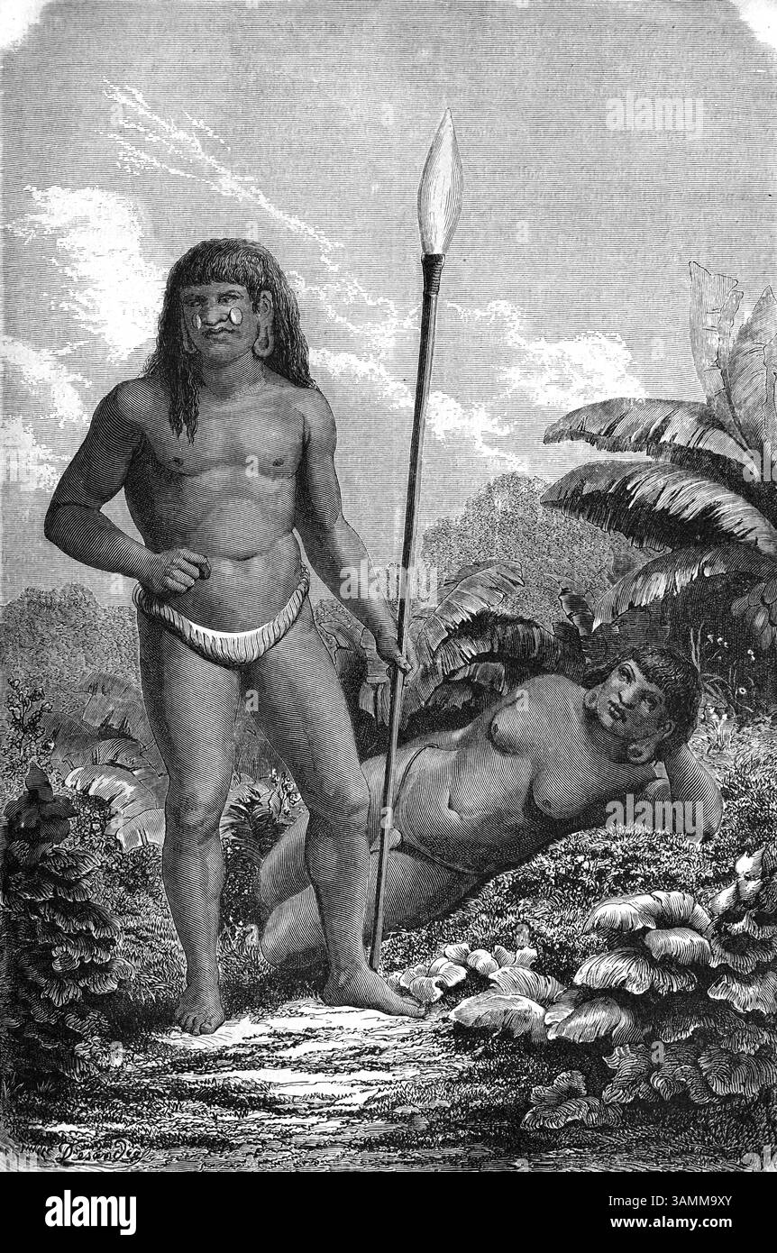 Lunghezza intera o ritratto permanente di un uomo indiano, nativo americano o indigeno Coto o Orejon e partner o moglie, una coppia etnica proveniente dalla regione del bacino amazzonico del Perù e del Sud America. Illustrazione o incisione vintage o storica 1866 Foto Stock