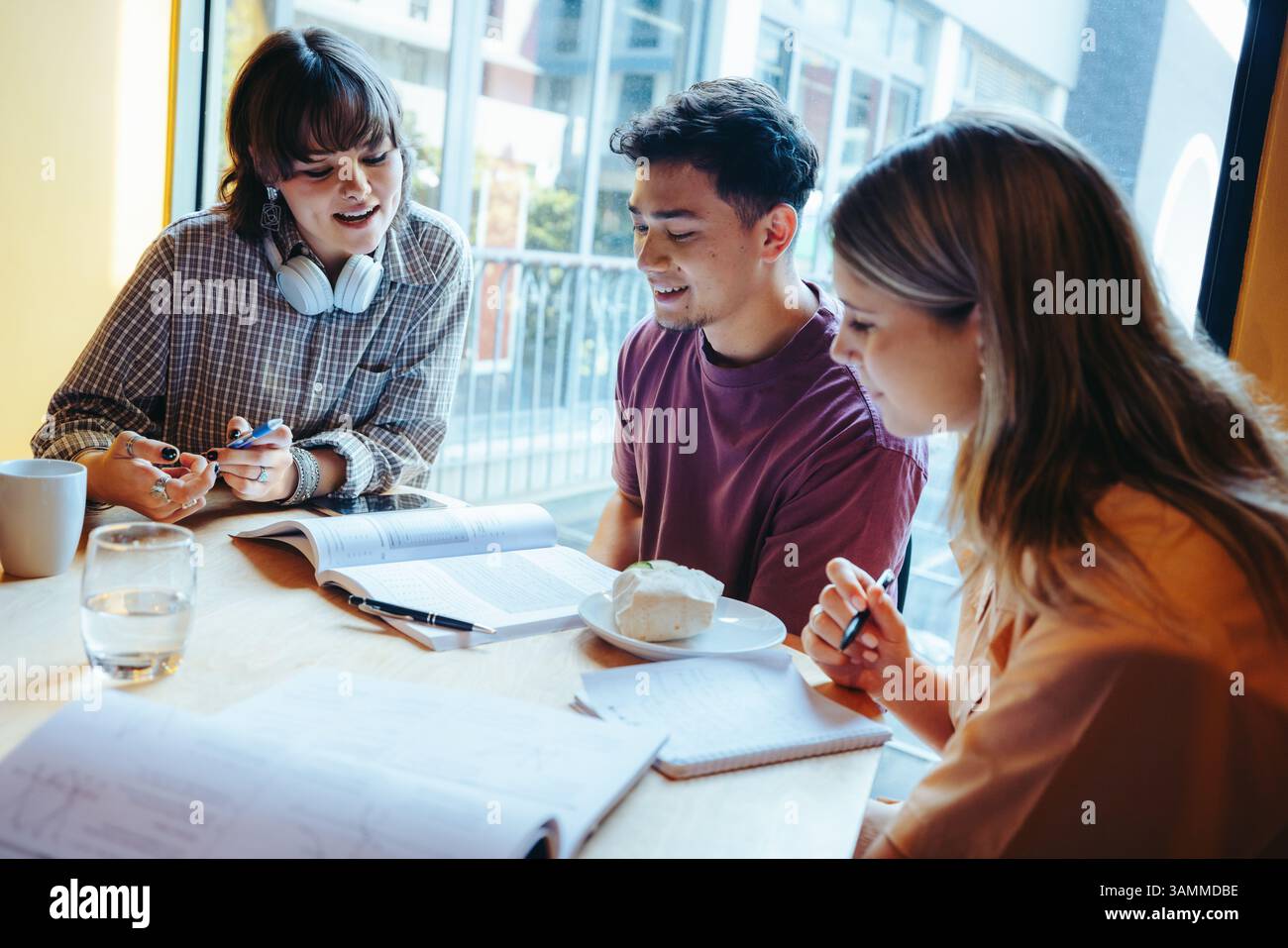 Un gruppo di compagni di classe che discutono e lavorano sui compiti in un ambiente rilassato. Sono impegnati e condividono idee, circondati da libri e notebook Foto Stock