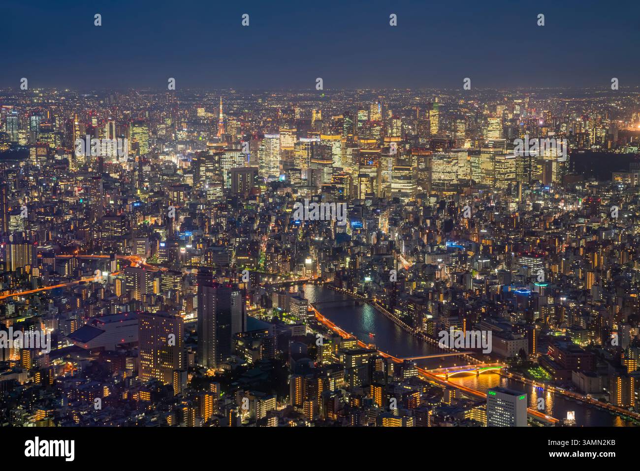 Vista aerea dello skyline di Tokyo al tramonto lungo il fiume Sumida, Giappone. Foto Stock