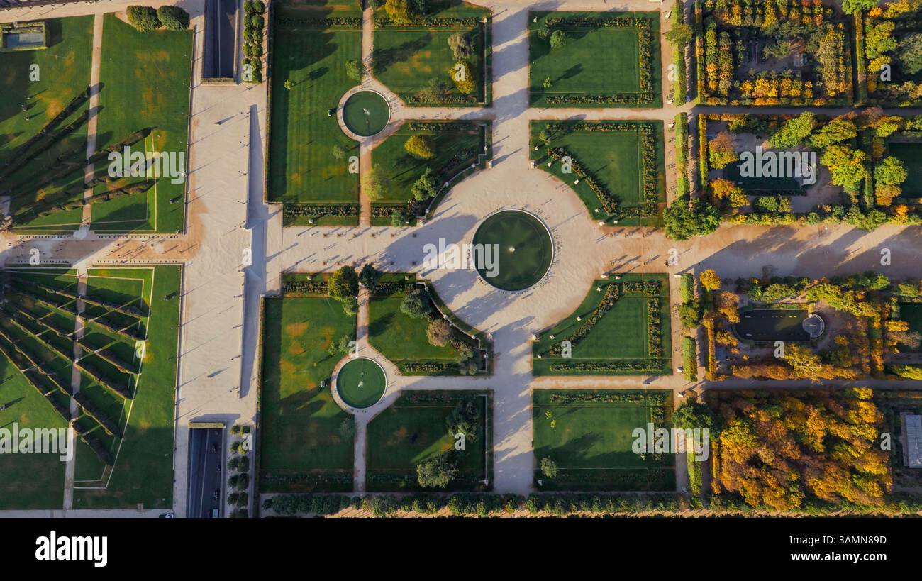 Vista aerea panoramica del Giardino delle Tuileries, Parigi, Francia. Foto Stock