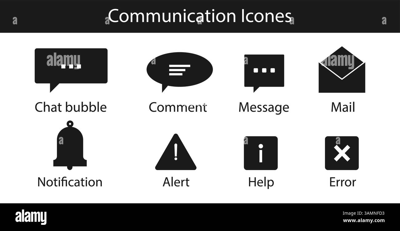 Icone di comunicazione impostate per interfacce digitali, simboli per l'esperienza utente. Illustrazione Vettoriale