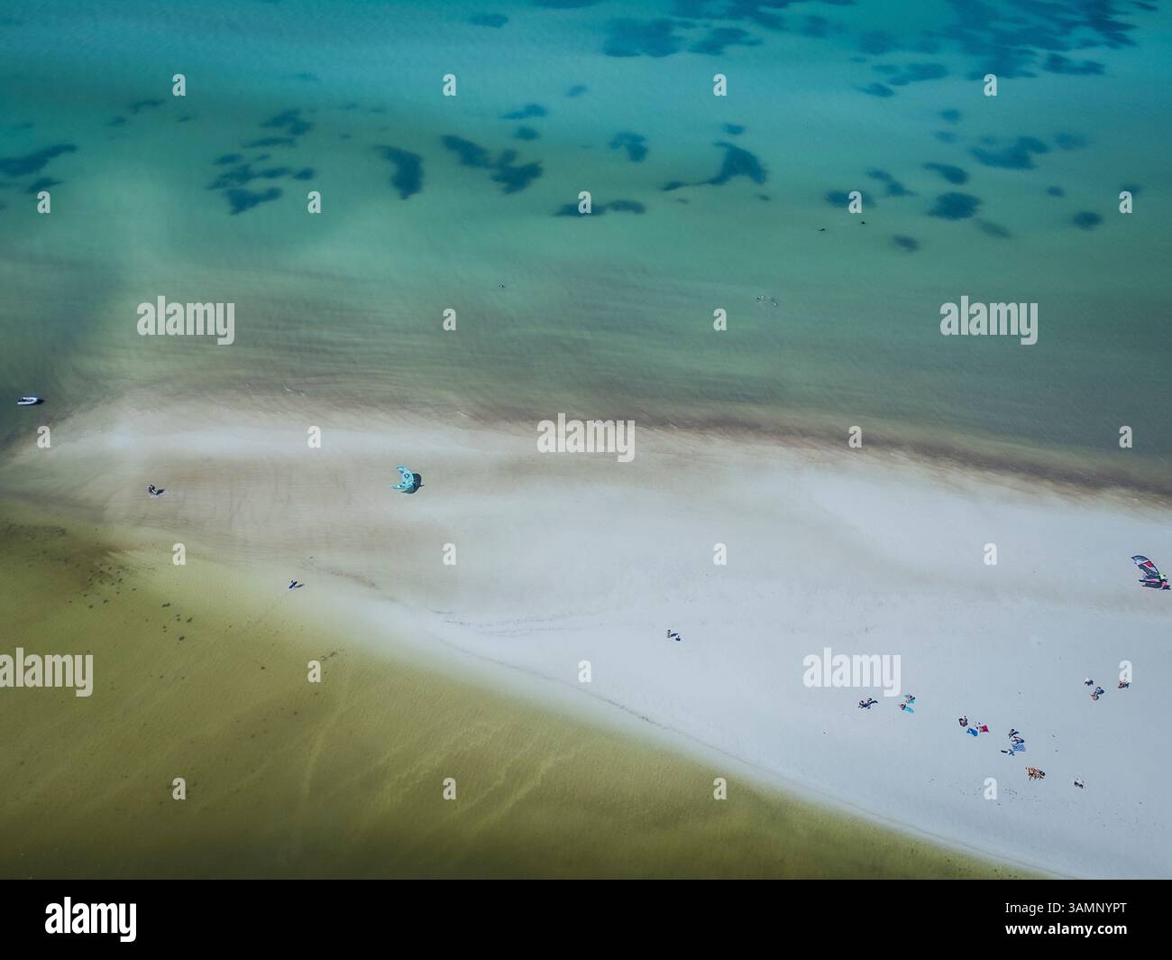 Vista aerea della splendida spiaggia con aquiloni in volo e persone rilassanti, Holbox, Quintana Roo, Messico. Foto Stock