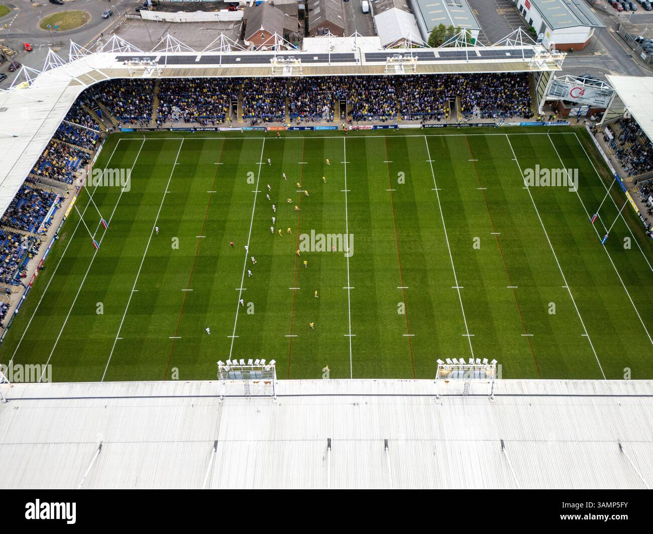 Immagine aerea dell'Halliwell Jones Stadium di Warrington, Regno Unito Foto Stock