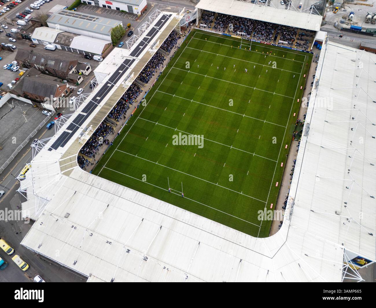 Immagine aerea dell'Halliwell Jones Stadium di Warrington, Regno Unito Foto Stock