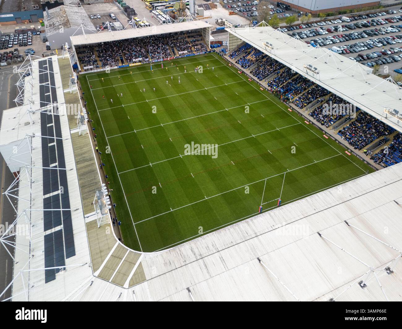 Immagine aerea dell'Halliwell Jones Stadium di Warrington, Regno Unito Foto Stock