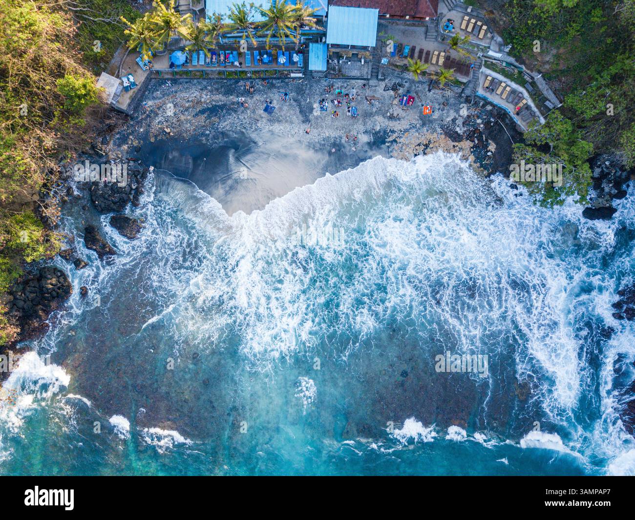 Veduta aerea della Blue Lagoon Beach, Padang Bai, Karangasem, Bali, Indonesia. Foto Stock