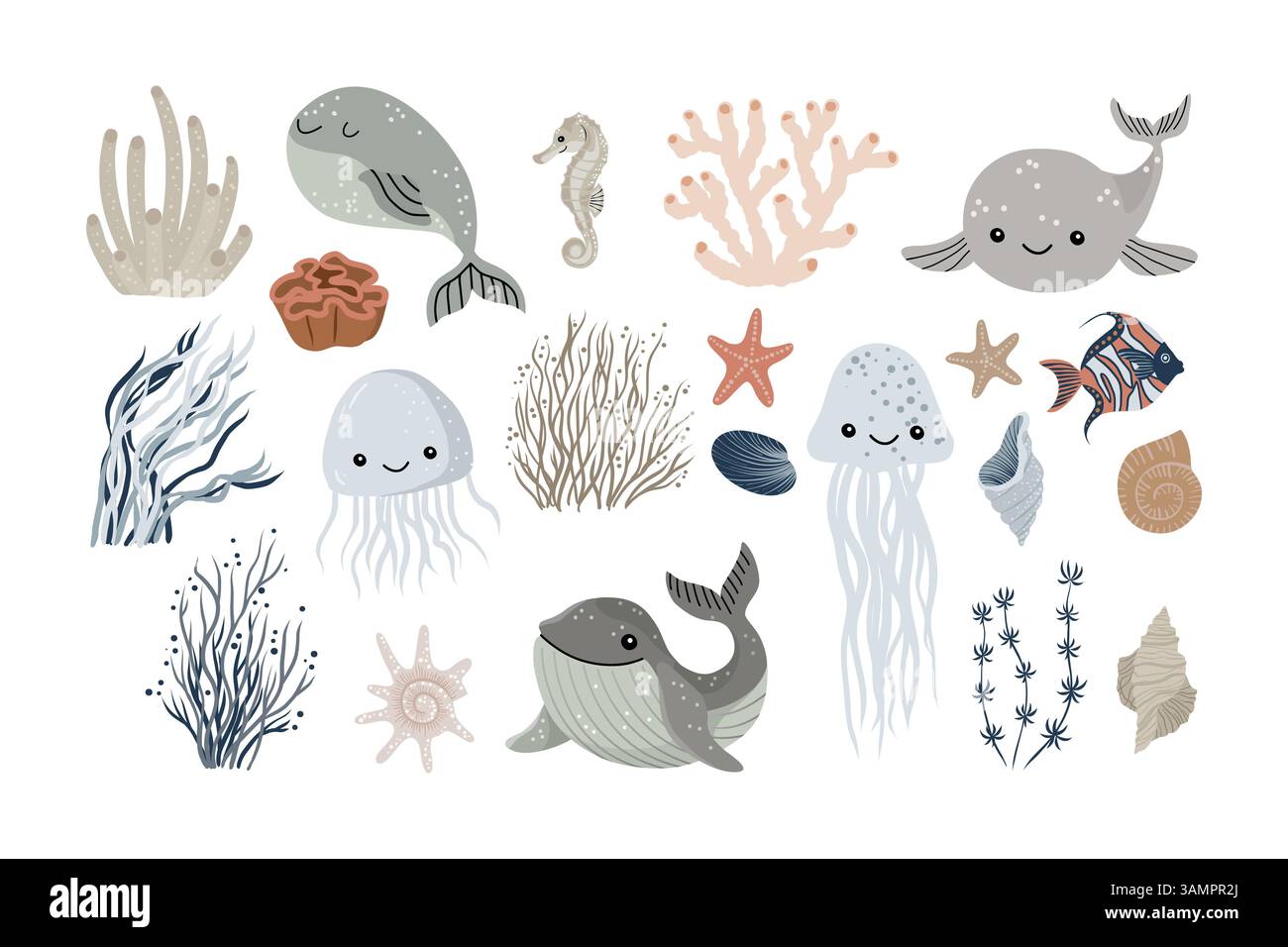 Questo set vettoriale presenta una collezione di animali marini isolati in stile kawaii. Sono incluse immagini di balene, alghe marine, conchiglie, coralli e sma Illustrazione Vettoriale