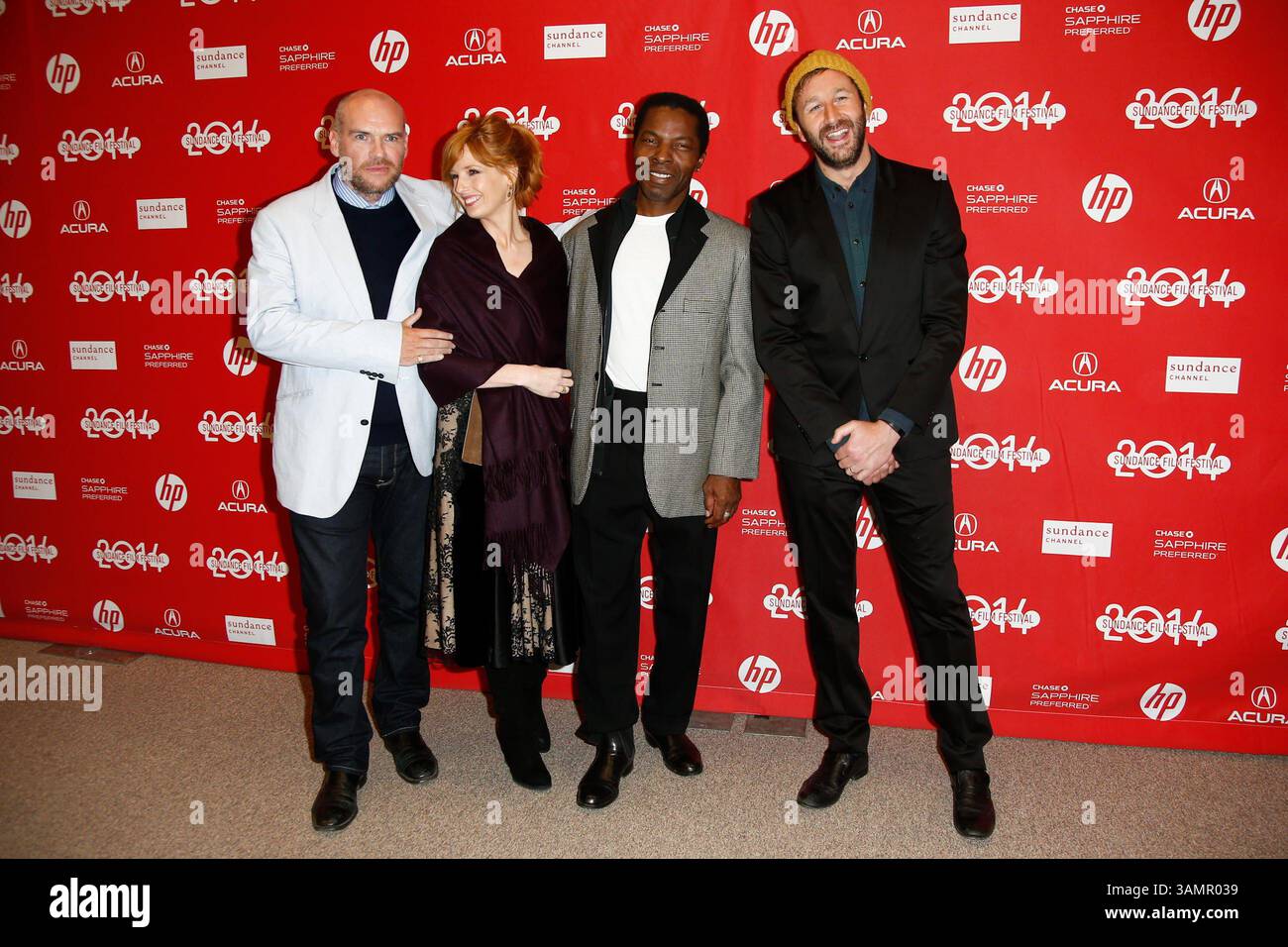 19 gennaio 2014 - Park City, Utah, Stati Uniti - (L-R) il regista JOHN MICHAEL MCDONAGH, KELLY REILLY, ISAACH DE BANKOLE e CHRIS o'DOWD assistono alla prima di 'Calvary' all'Eccles Theatre durante il Sundance Film Festival del 2014. (Immagine di credito: © Debby Wong/ZUMA Wire/ZUMAPRESS.com) Foto Stock
