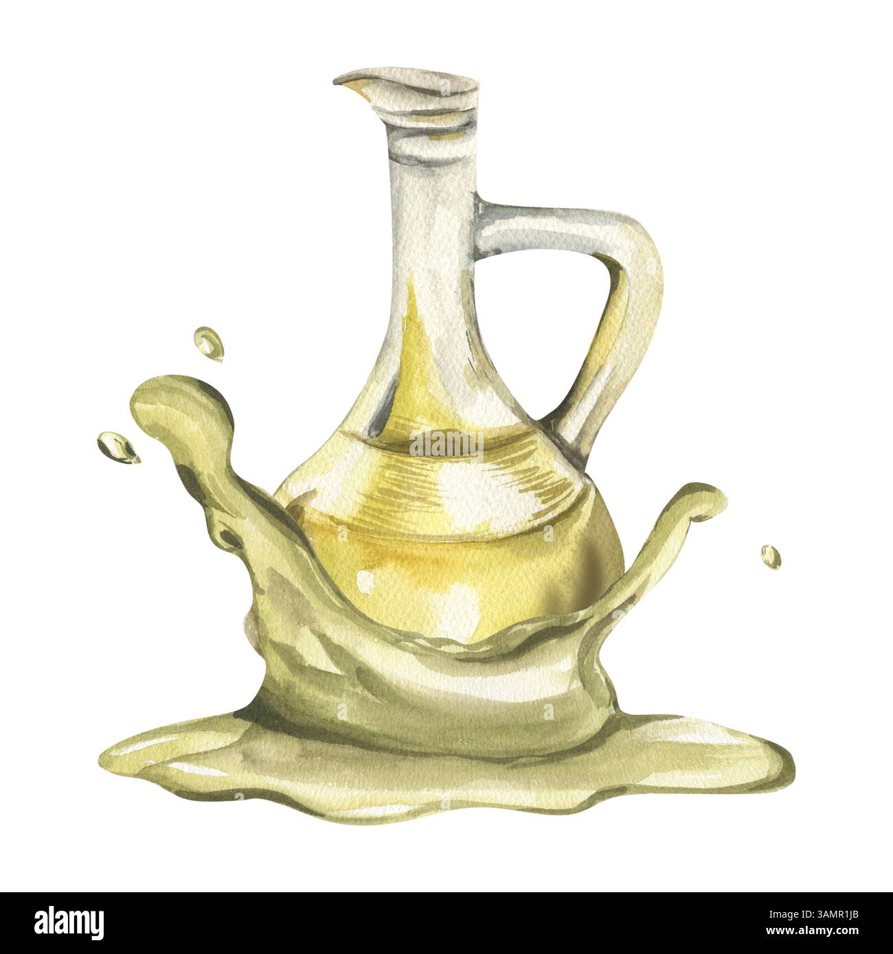 Bicchiere in vetro con olio nell'illustrazione acquerello della marmellata. Vaso trasparente trafilato a mano con clipart liquido, condimento per insalate vegane, vernice greca e italiana Foto Stock