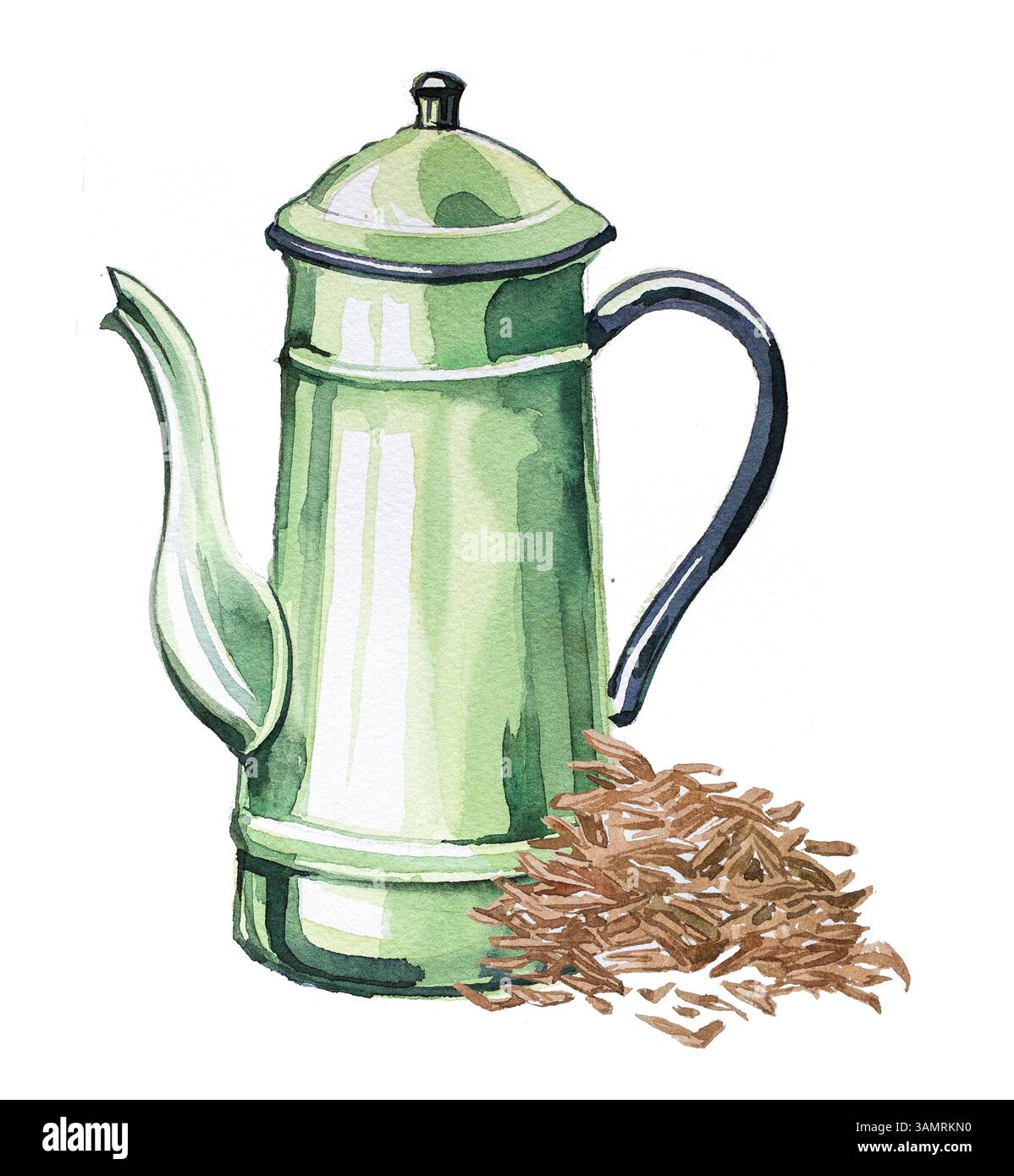 Teiera con design a foglie di tè. Illustrazione del bollitore ad acqua. Utensili da cucina retrò. Foto Stock