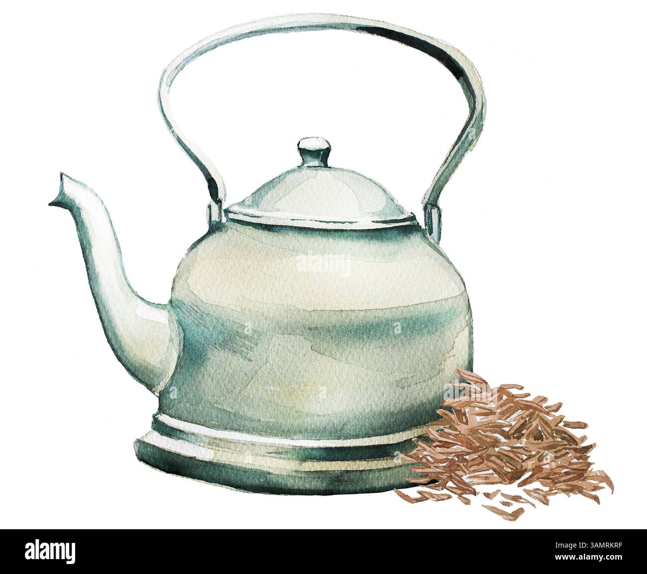 Teiera con design a foglie di tè. Illustrazione del bollitore ad acqua. Utensili da cucina retrò. Foto Stock
