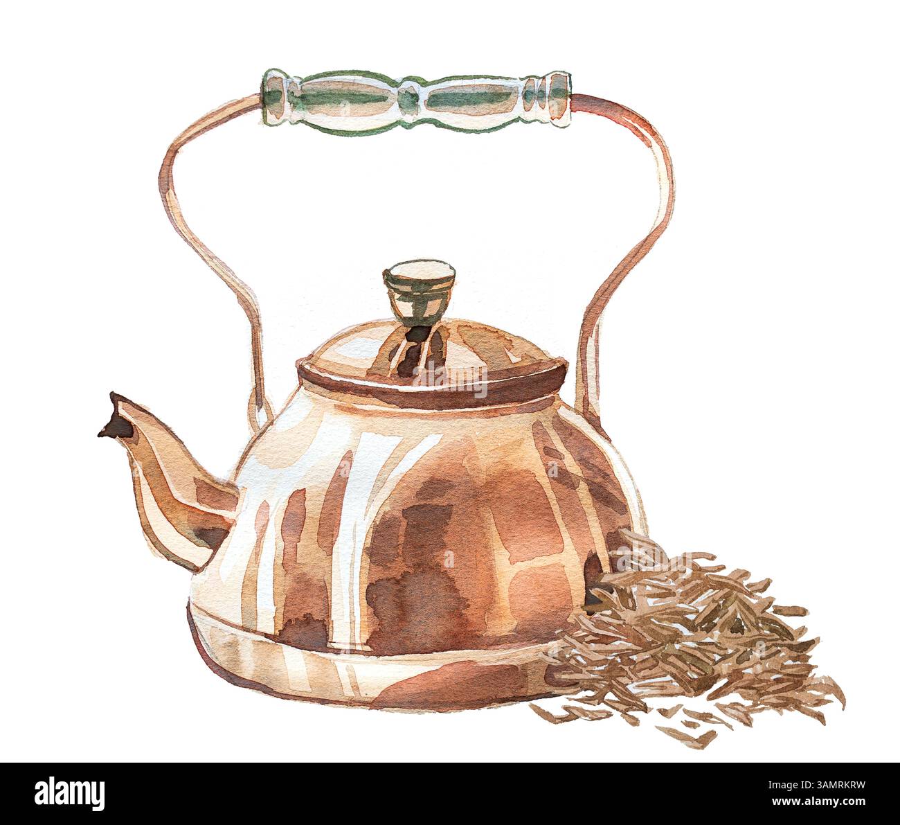 Teiera con design a foglie di tè. Illustrazione del bollitore ad acqua. Utensili da cucina retrò. Foto Stock