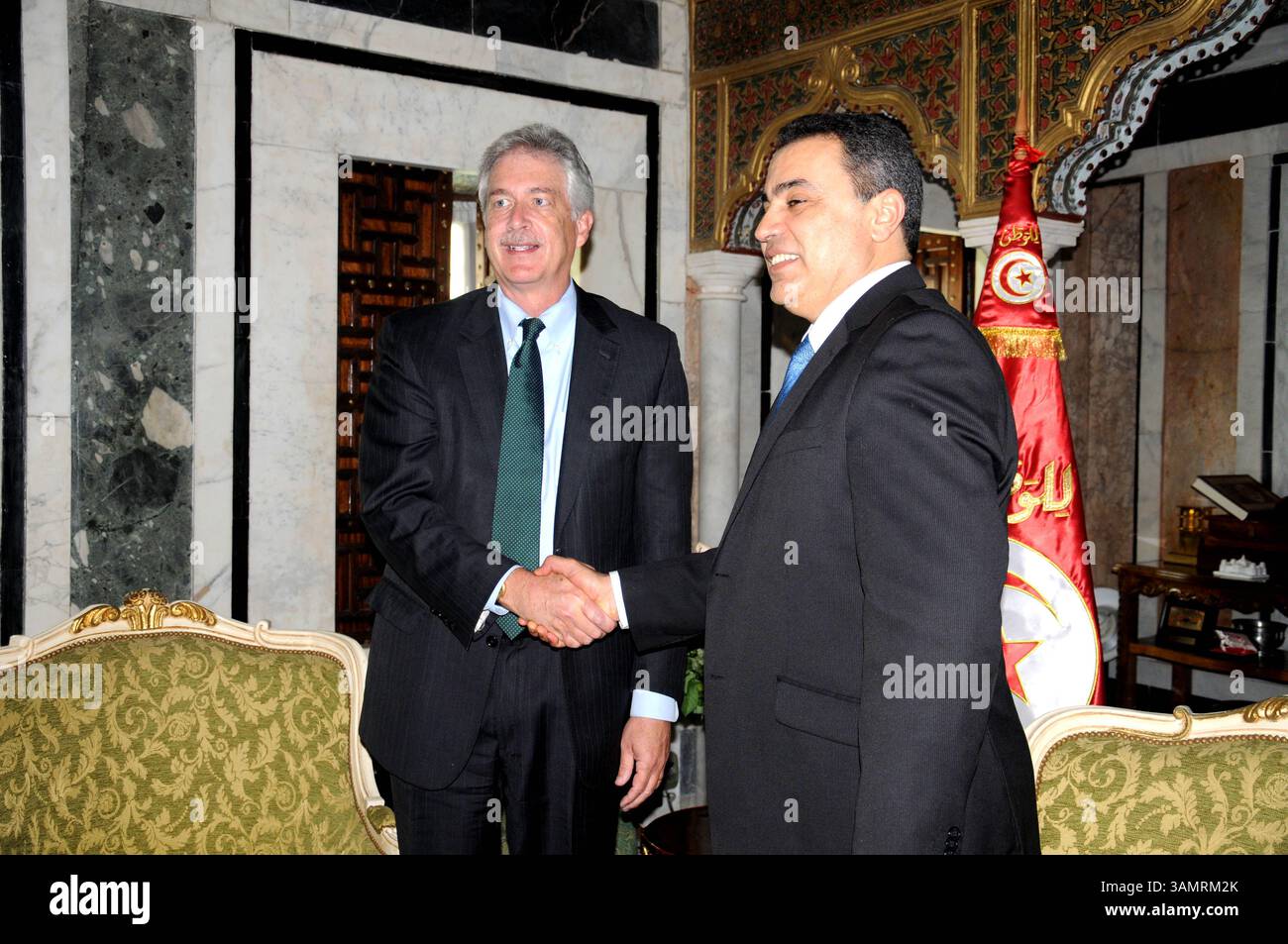 1 febbraio 2014 - Cartagine, Tunisi, Tunisia - il nuovo primo ministro Mehdi Jomaa(R) riunito sabato 1 febbraio 2014, il Segretario di Stato aggiunto degli Stati Uniti, incaricato degli affari politici, William Burns, presso la sede del primo Ministro a El Kasbah. (Immagine di credito: © Chokri Mahjoub/ZUMAPRESS.com) Foto Stock