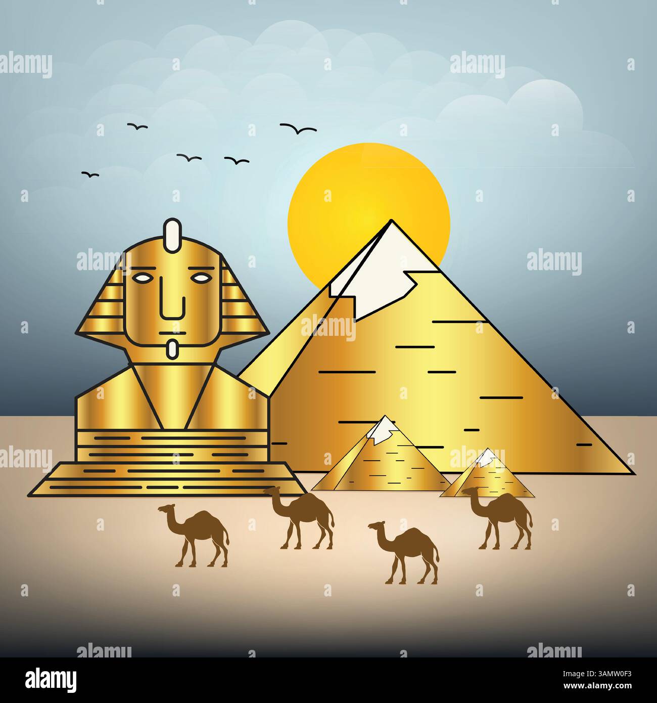 Antiche piramidi egiziane di Giza, cammelli, uccelli al tramonto in nuvole con sfondo blu, illustrazioni artistiche Illustrazione Vettoriale