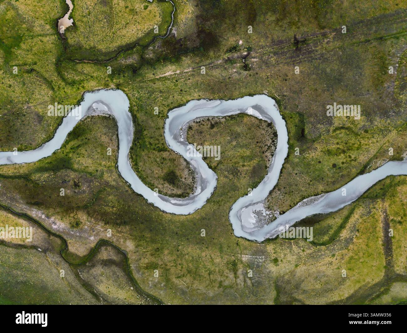 Veduta aerea di un tortuoso fiume che trasporta sedimenti dal ghiacciaio, la valle preda Rossa, la Val Masino, Italia. Foto Stock
