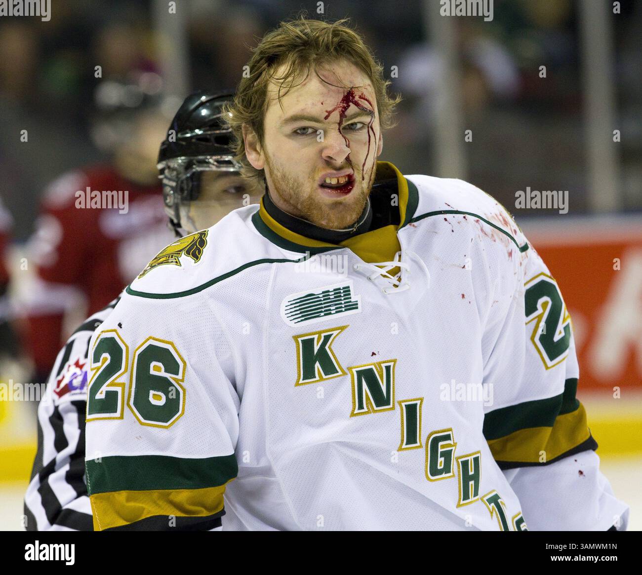 13 dicembre 2013 - Londra, ON, Canada - il sangue scorre liberamente dalla fronte dell'attaccante dei London Knights Tait Seguin mentre pattina fino allo spogliatoio dopo una lotta con il difensore della Guelph Storm Ben Harpur durante il primo periodo della loro partita ai Budweiser Gardens di Londra, Ont. Venerdì 13 dicembre 2013. . Londra ha guidato il 1-0 sulla forza di un gol dell'ultimo minuto dell'attaccante dei London Knights Mitchell Marner..Mike Hensen/The London Free Press/QMI Agency (Credit Image: © Mike Hensen/QMI Agency/ZUMAPRESS.com) Foto Stock