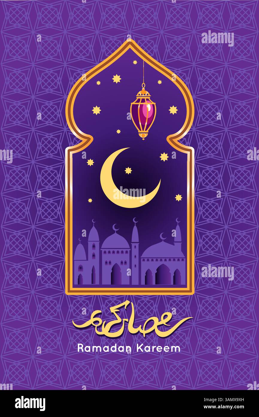 Poster della finestra orientale. Biglietto d'auguri Ramadan kareem con finestra araba o arco, luna crescente, moschea e lanterna. Islamico moderno e tradizionale Illustrazione Vettoriale