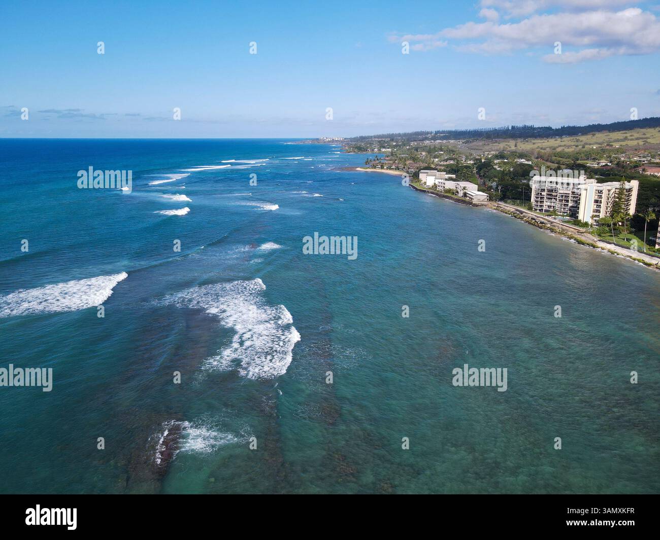 Vista aerea della costa panoramica con onde tranquille e splendida spiaggia di Maui, Hawaii, Stati Uniti. Foto Stock