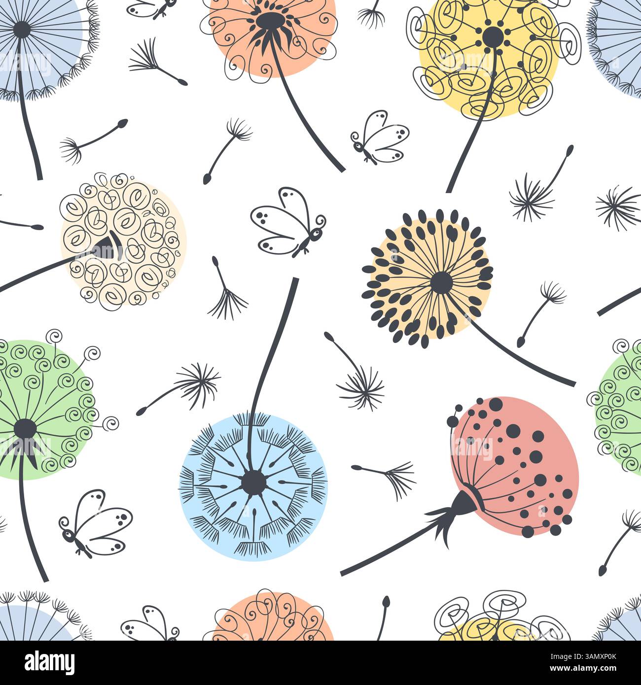 Silhouette in dente di leone con motivo senza cuciture. Ripetuti fiori decorativi, farfalle, soffice botanica, semi volanti. Tessuti per arredamento, involucri, carta da parati Illustrazione Vettoriale