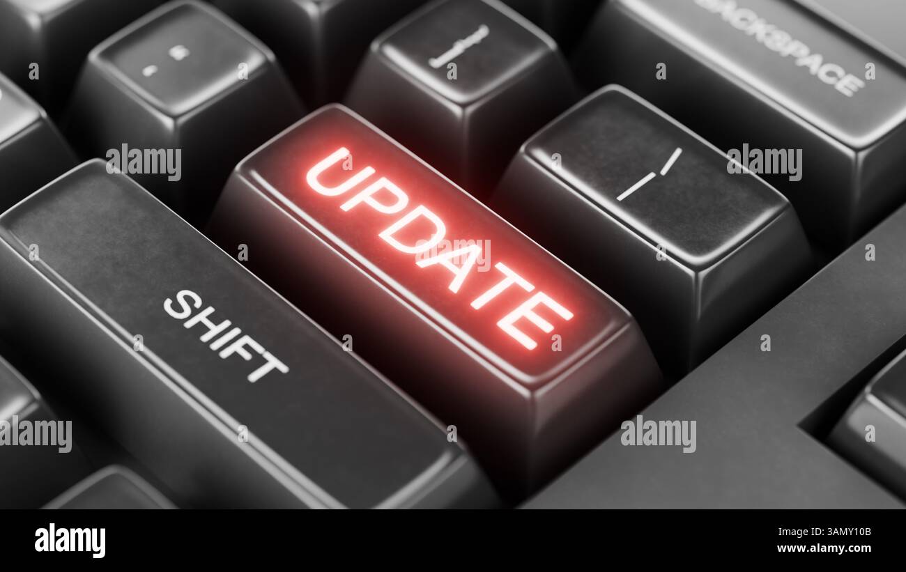 Informazioni sull'aggiornamento software. Aggiornamento dei dati. Nuova versione del programma. Aggiunta al programma. Correzioni di bug. rendering 3d. Foto Stock