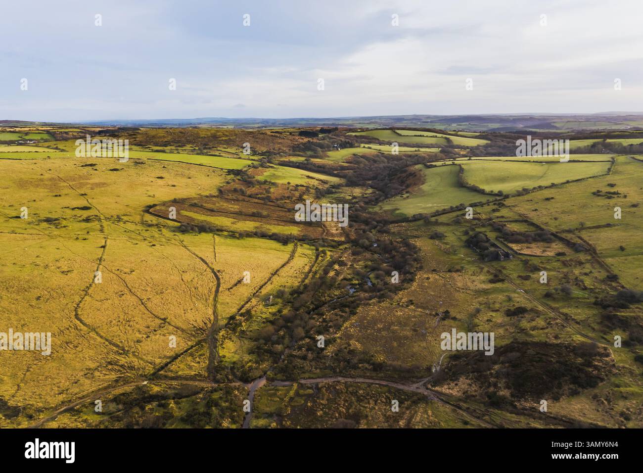Vista aerea della campagna, dell'agricoltura, al tramonto, Bodmin Moor, Cardinham, Cornovaglia, Regno Unito. Foto Stock