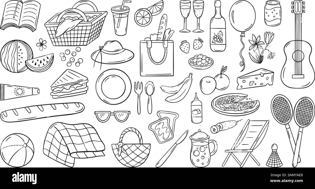 Picnic Doodle. Riposati in cibi del parco, cestino da picnic, frutta e piatti. Oggetti per il riposo all'aperto disegnati a mano, la famiglia o gli amici si divertono in giardino Illustrazione Vettoriale