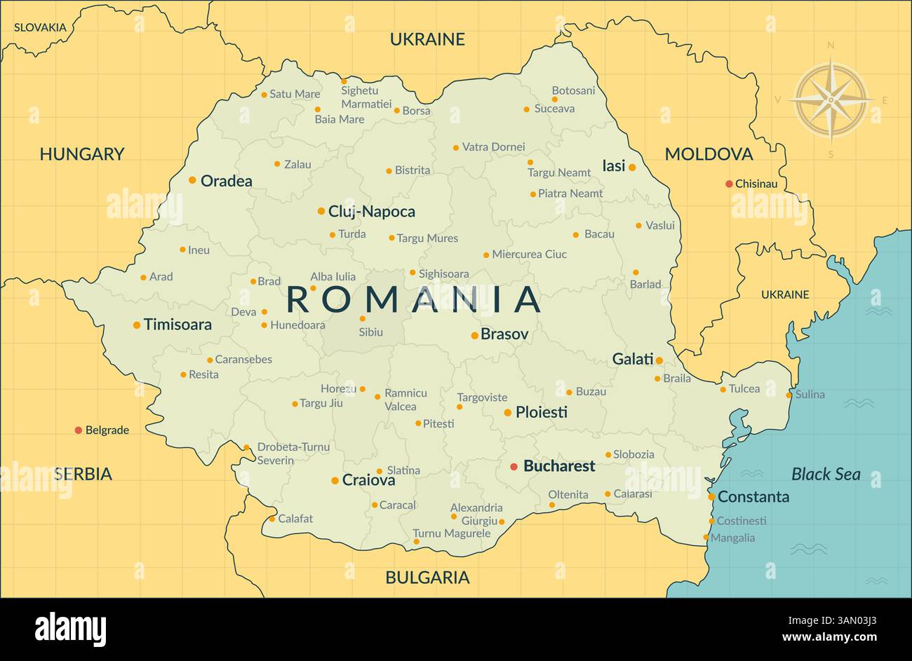 Mappa politica dettagliata della Romania con i confini delle contee, le principali città e i paesi vicini. Romania mappa divisioni amministrative per Illustrazione Vettoriale