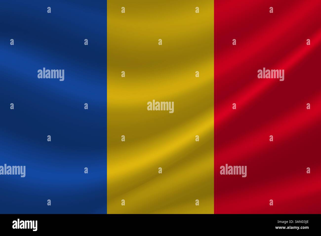 Realistico sventolando la bandiera nazionale della Romania. Simbolo della bandiera rumena patriottica su tessuto di seta ondulata Illustrazione Vettoriale