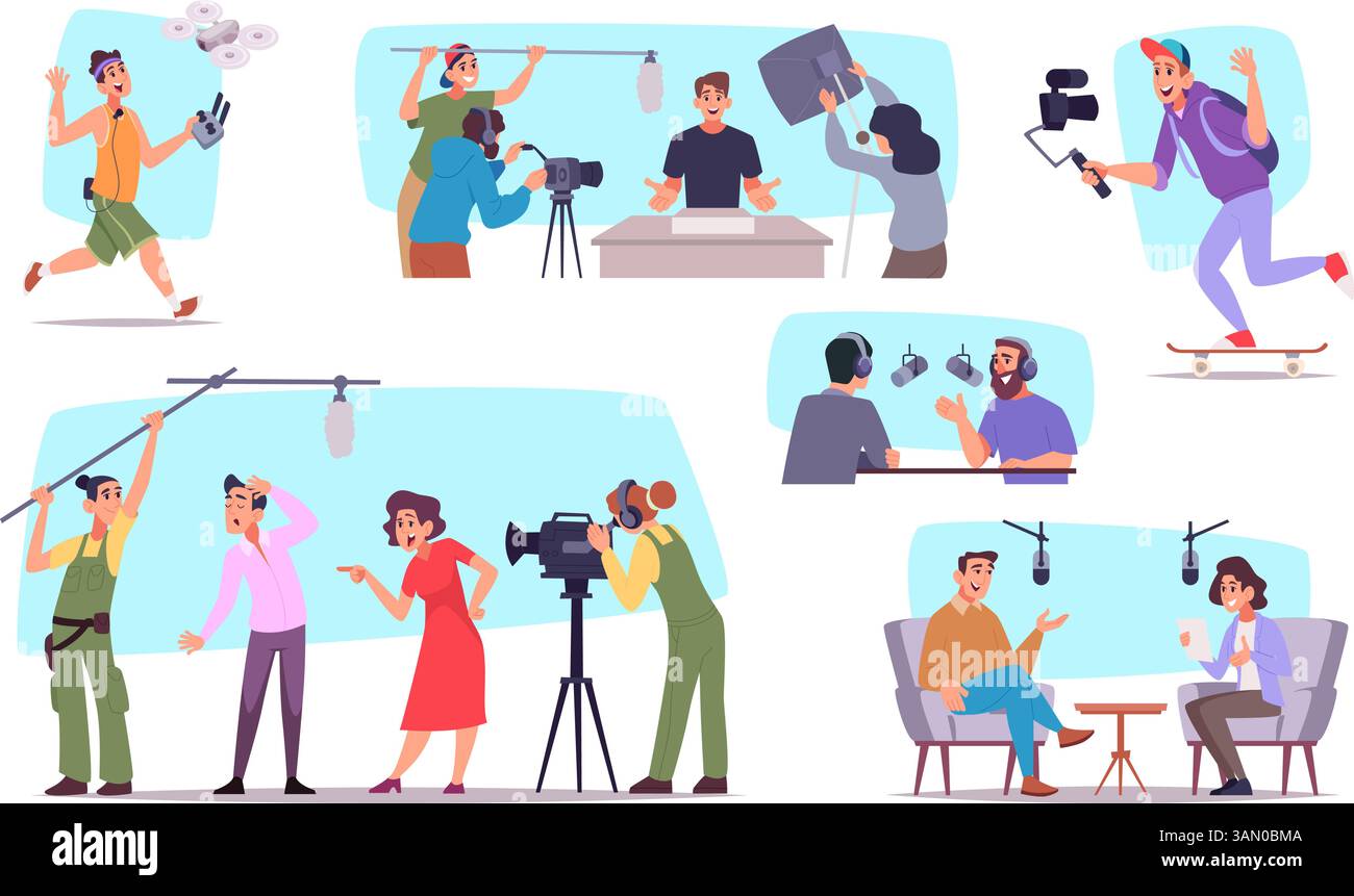 Produzione cinematografica. Media assistenti e cameraman professionisti produttori audio team di produzione video vettoriale esatto Illustrazione Vettoriale