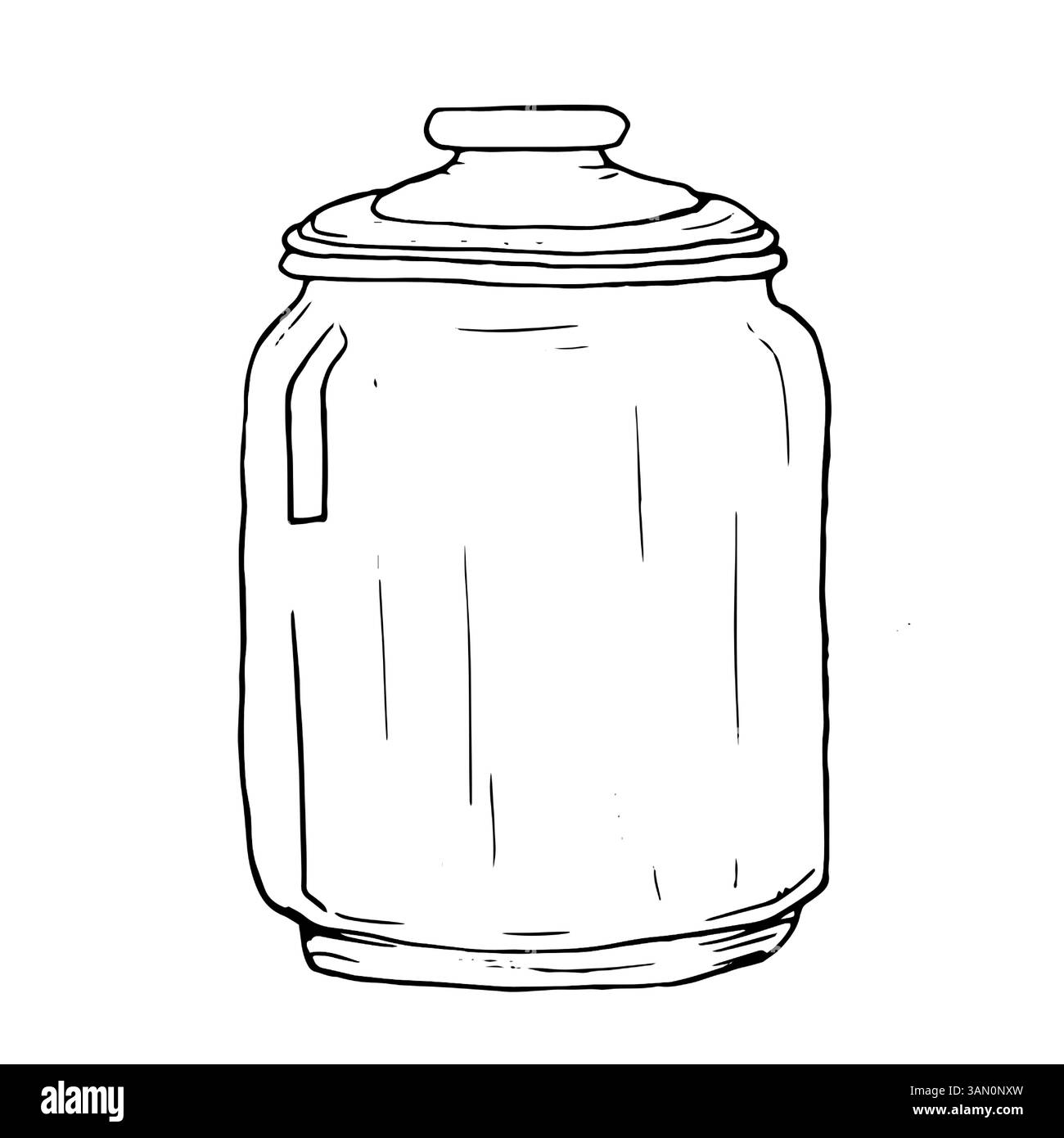 Vaso in vetro con coperchio illustrazione vettoriale in bianco e nero. Immagine di un flacone trasparente con tappo, su sfondo bianco. Disegno a inchiostro disegnato a mano Illustrazione Vettoriale