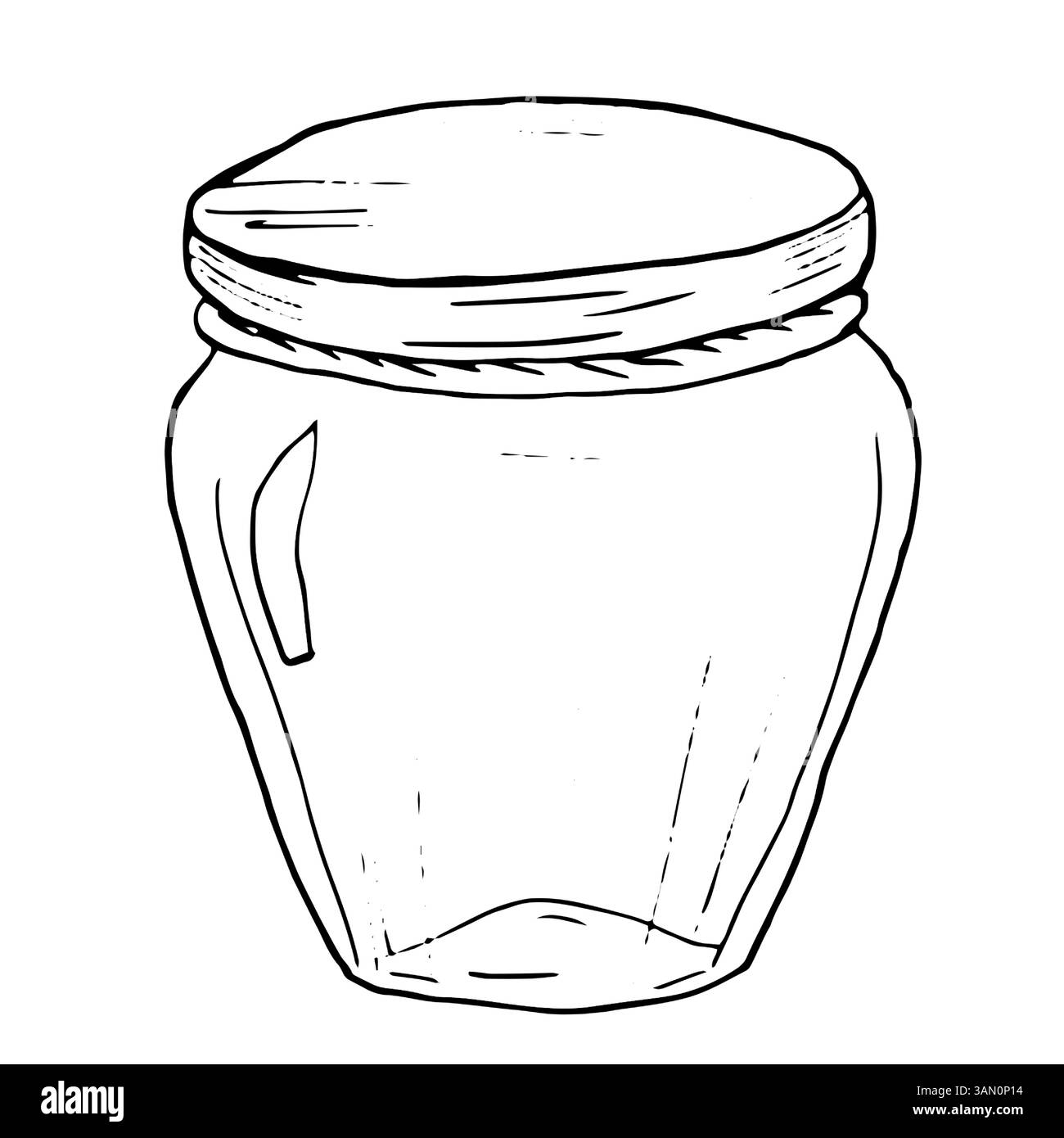 Vaso in vetro con coperchio illustrazione vettoriale in bianco e nero. Immagine di un flacone trasparente con tappo, su sfondo bianco. Uno schizzo di antiquariato Illustrazione Vettoriale