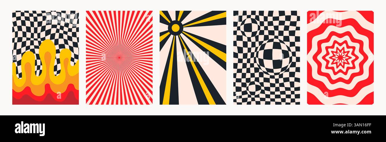 Set di motivi retrò psichedelici astratti. Sfondi alla moda dallo stile astratto y2k. Grafica vettoriale per poster e stampe artistiche. Illustrazione Vettoriale