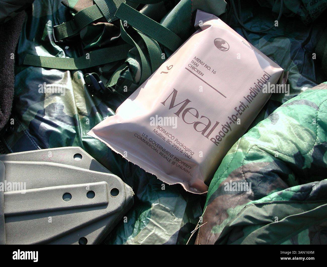 25 ottobre 2002 - Stati Uniti - KRT WORLD NEWS STORY SLUGGED: GEORGIA-TERRORISTS KRT PHOTOGRAPH BY MARK MCDONALD/KRT (ottobre 29) Un programma statunitense da 64 milioni di dollari fornisce ai soldati georgiani armi, camion e uniformi, oltre a pale, mense, stivali e razioni sul campo. Questo MRE, o pasto pronto da mangiare, è stato recentemente consegnato a un soldato georgiano. Questo particolare MRE è il pollo thailandese. (KRT) NC KD BL 2002 (Vert) (lde) (immagine di credito: © PHOTOGNOSOURCE/mct/ZUMAPRESS.com) Foto Stock