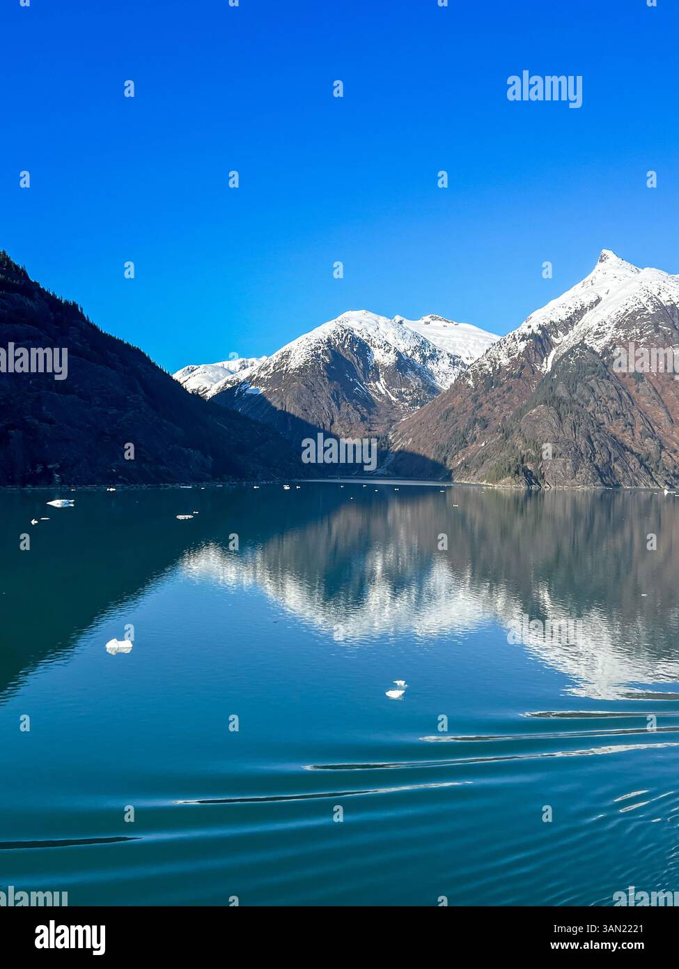 Una vista mozzafiato delle montagne innevate che si specchiano nelle tranquille acque di Glacier Bay. Gli iceberg galleggiano dolcemente, creando una terra serena e incontaminata - Immagine stock catturata con smartphone