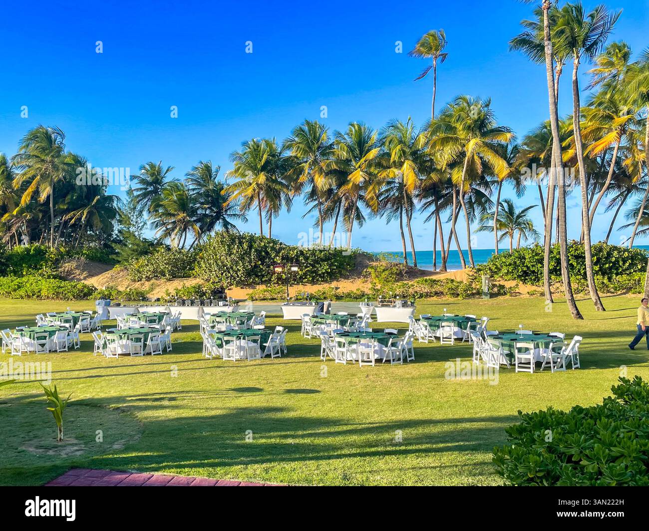 Uno spazio per eventi all'aperto splendidamente allestito con tavoli e sedie bianchi, adagiato su uno splendido sfondo di palme ondeggianti e l'oceano. Una perfec - Immagine stock catturata con smartphone