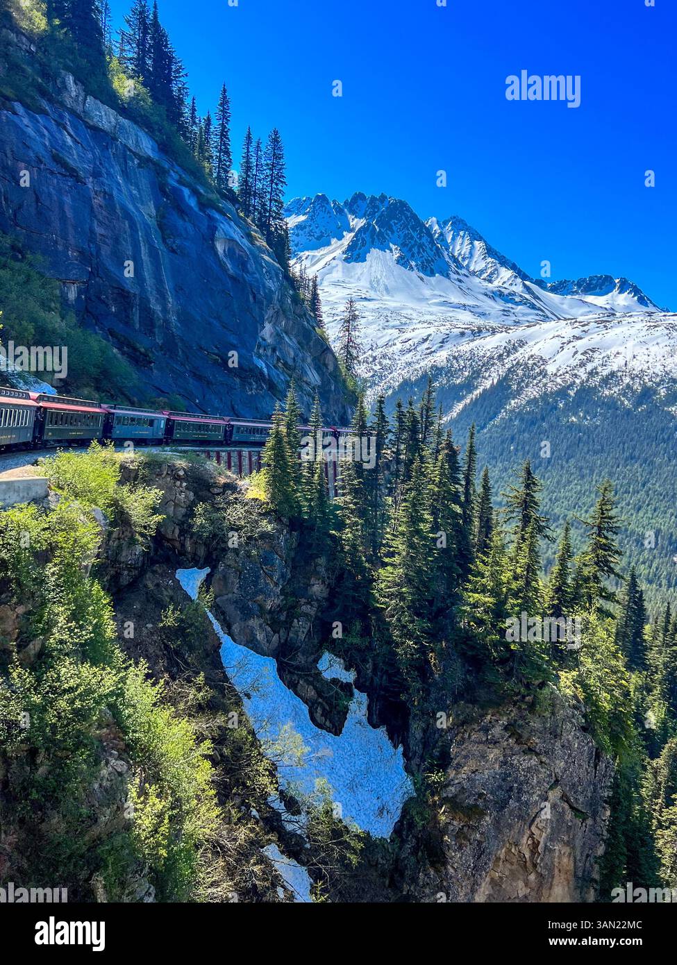 Un viaggio mozzafiato su una ferrovia di montagna, che si snoda tra vette torreggianti, lussureggianti sempreverdi e resti di neve. Il mix perfetto di avventura e Foto Stock