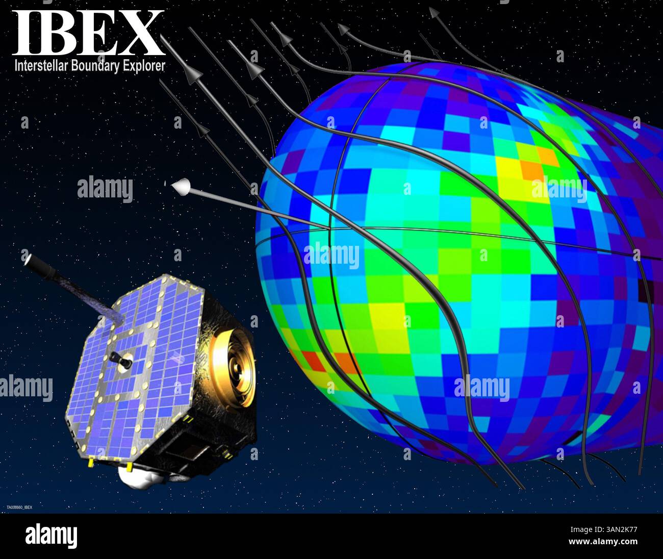 15 ottobre 2009 - Stati Uniti - Un'immagine della NASA che mostra una combinazione di una delle possibilità per il nastro luminoso di emissione visto nelle mappe IBEX ENA con un'immagine del veicolo spaziale IBEX. Il team scientifico della missione Interstellar Boundary Explorer (IBEX) ha utilizzato i dati della navicella spaziale IBEX della NASA per costruire la prima mappa di tutti i cieli delle interazioni che si verificano al bordo del sistema solare, dove l'influenza del sole diminuisce e interagisce con il mezzo interstellare. La regione di confine interstellare protegge il nostro sistema solare dalla maggior parte delle pericolose radiazioni cosmiche galattiche che si verificano Foto Stock