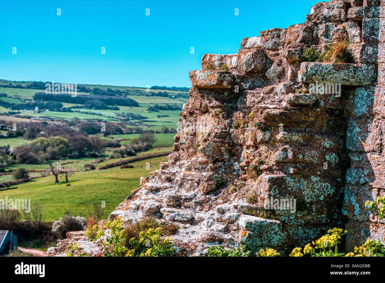 Muratura e muratura in rovina al castello di Corfe, Dorset, Regno Unito Foto Stock