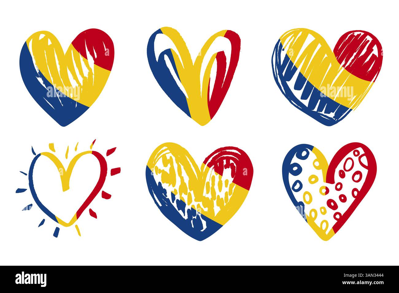 Set di icone di bandiera grunge a forma di cuore Romania. Pennellate a forma di cuore bandiera per la giornata nazionale della Romania. Giorno dell'indipendenza grungy bandiera del cuore della Romania Illustrazione Vettoriale