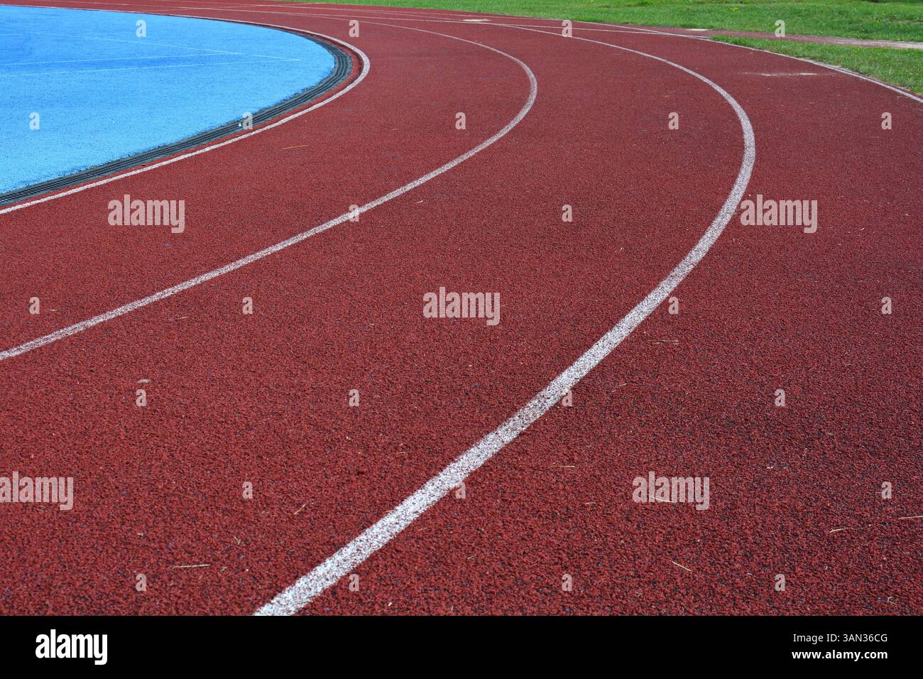 curva rossa della pista da corsa con linee bianche, campo sportivo blu sul lato sinistro e erba verde sul lato destro Foto Stock
