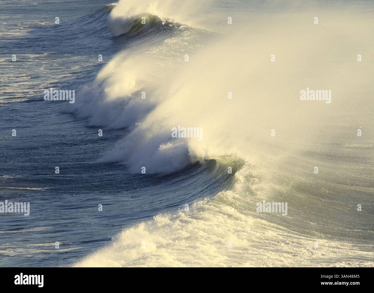 Primo piano di un'onda tempestosa con spruzzi o spindrift soffiati dal vento. Foto Stock