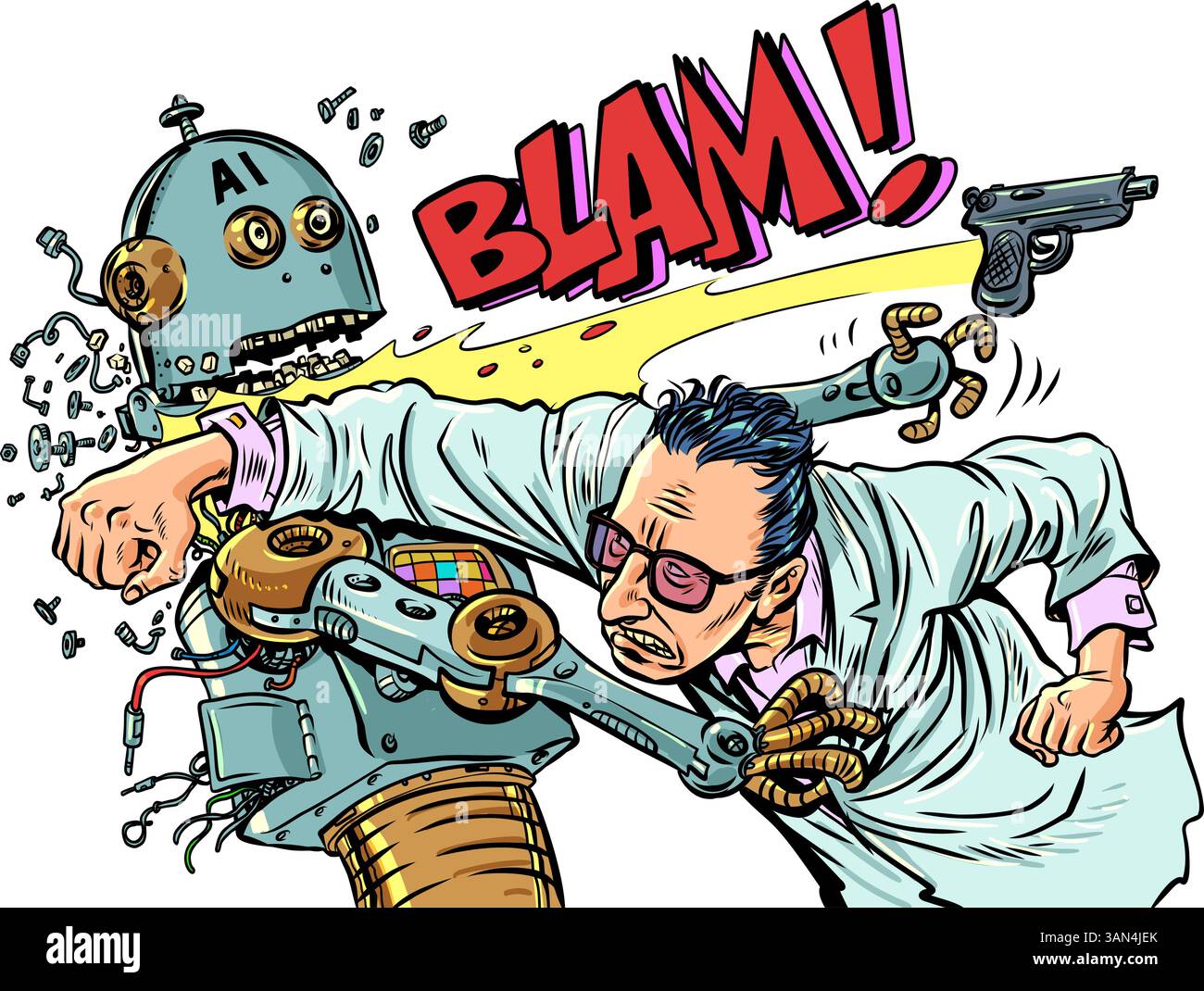 Competizione per il lavoro tra umani e IA. L'uomo batte il robot con la pistola. Ribellione di macchine contro l'umanità. Fumetto cartoon pop art retro Vector illus Illustrazione Vettoriale